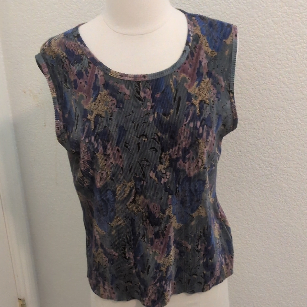 ✅Vintage Top Blouse Tank Velvet Looking Teal Purple  Blue Large Grandmacore